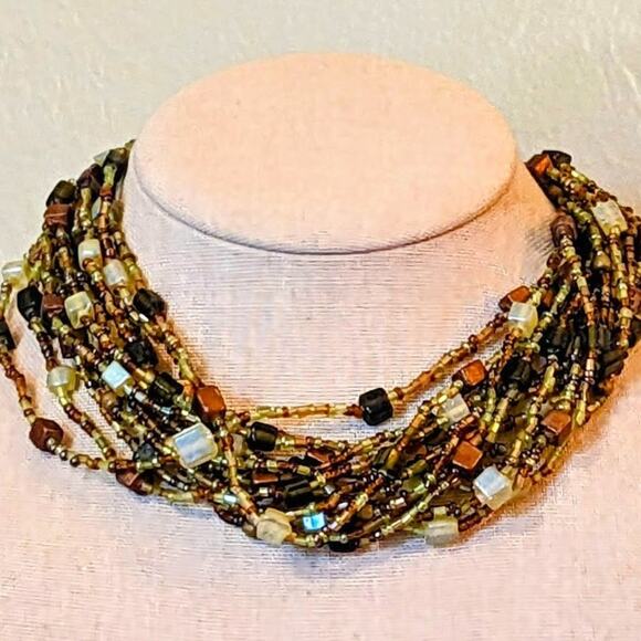 Green and Brown Multi-strand Choker Necklace - Picture 1 of 7